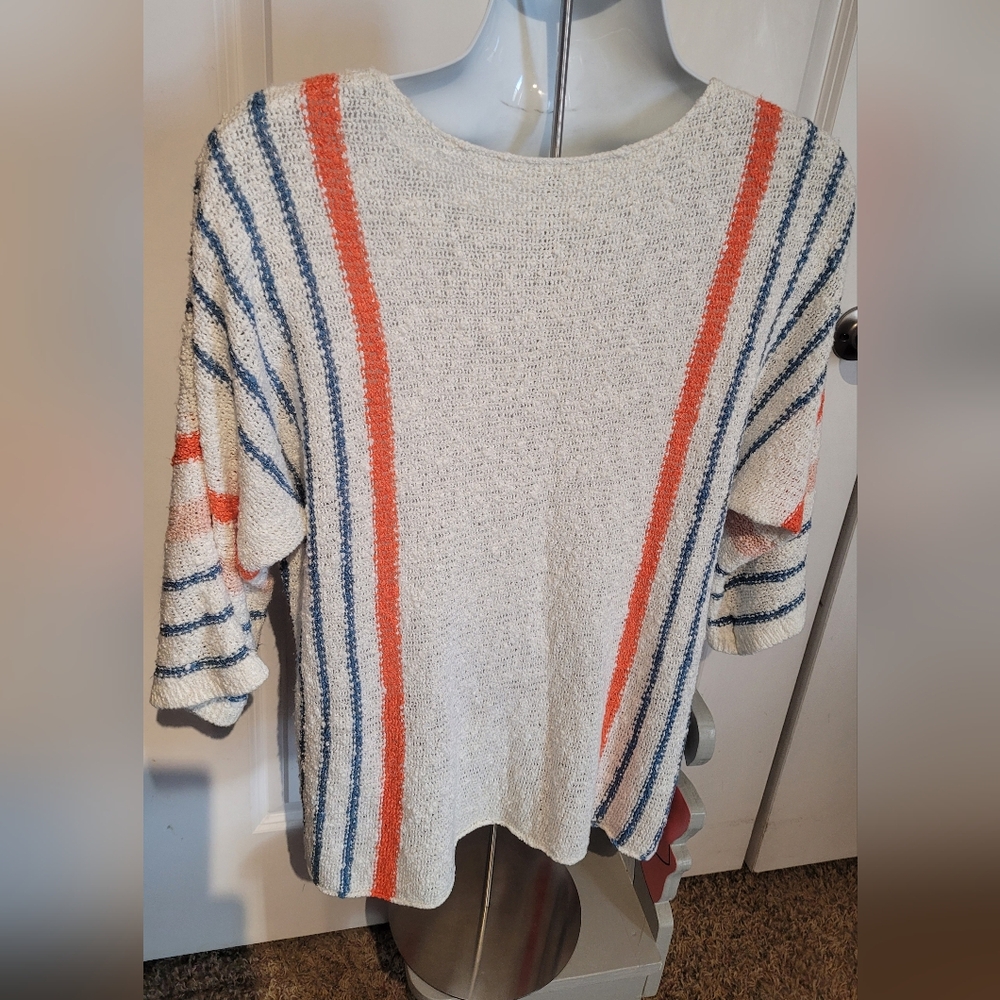Cozy Striped Cream Sweater with Coral & Blue Accents - Picture 3 of 3